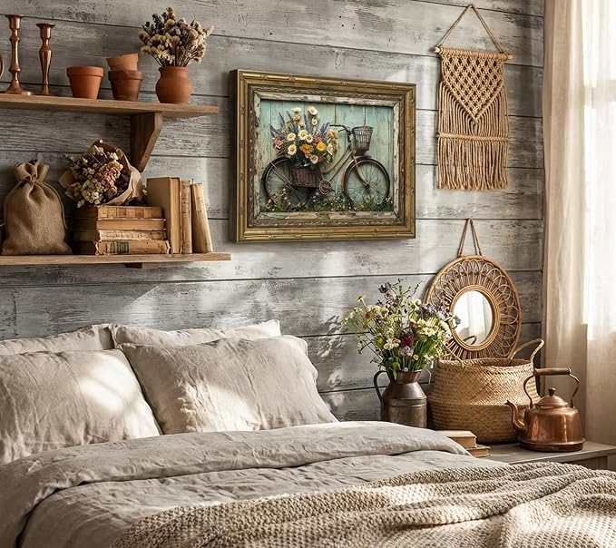 Gold Framed Rustic Farmhouse Daisy Floral Wall Art Vintage Bicycle Flower Painting Picture Canvas Wall Decor Country Still Life Poster Print for Bathroom Living Room Bedroom Home Decoration 12x16in