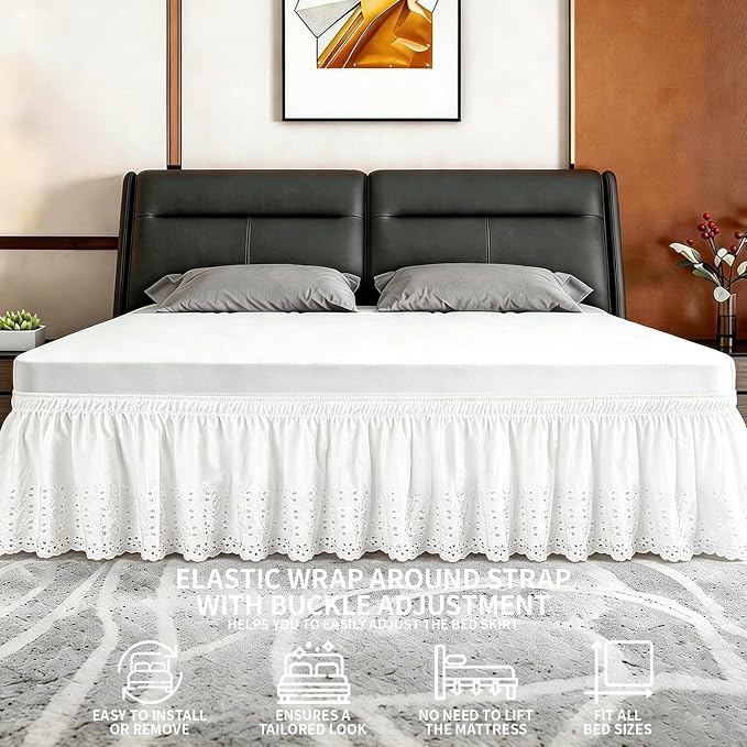 ANARACHON King Bed Skirt, Wrap-Around Elastic Ruffled Eyelet Bed Skirt King Size Dust Ruffle with Gathered Styling and Embroidered Details, 14" Drop Length (White)