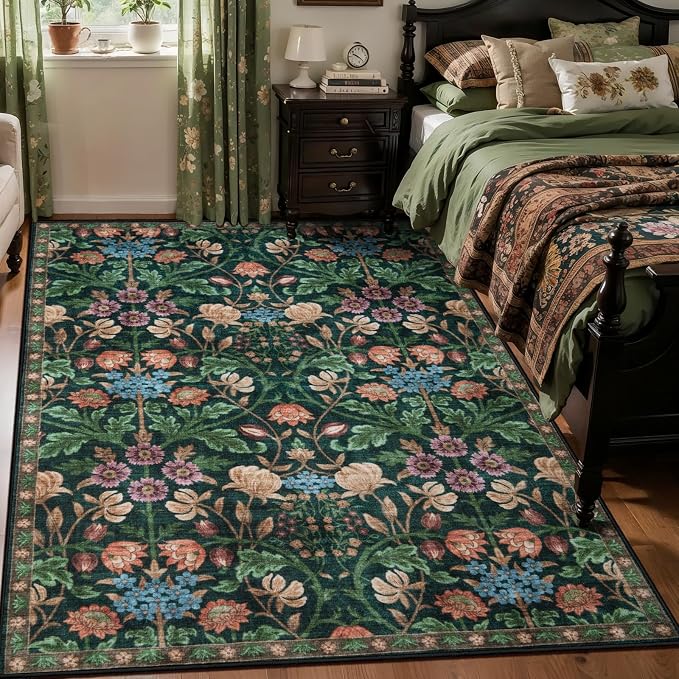 Ciicool 4x6 Washable Area Rug Floral Living Room Rugs for Bedroom Bedside | Soft Low Pile Carpet for Hallway Entryway Playroom Laundry Office Home Boho Non-Slip Black Carpets
