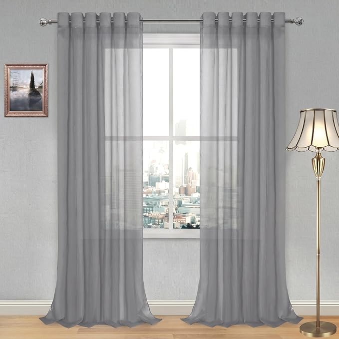 DWCN Sheer Curtains, Grommet Top Grey Faux Linen Look Voile Semi Transparent Solid Window Sheer Curtains Drapes for Bedroom Living Room, Set of 2 Panels 70 x 90 Inch Long, Grey