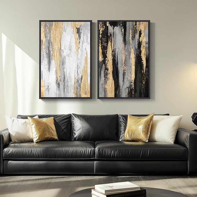 Large Framed Elegant Black White Gold Wall Art for Living Room, 24x36 In | 2 Piece, Large size paintings, Canvas prints, Black gold pictures, Modern minimalist artwork for walls, Bedroom Wall Decor