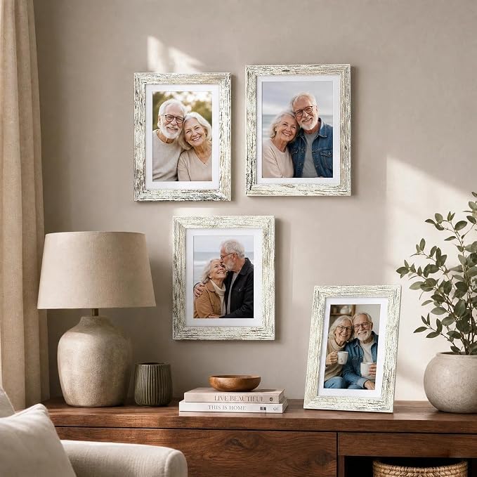 5x7 Picture Frame-Vintage White,4x6 Mat,Tempered Glass,Engineered Wood