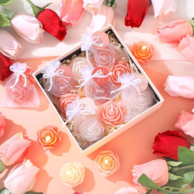 Treela 50 Set Rose Flower Candles, Pink Champagne Wedding Favors for Guests