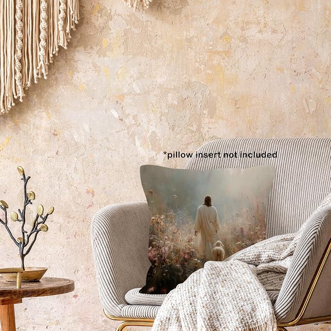 Christian Jesus and Lamb Throw Pillow Covers Gifts 18x18, Jesus Leaves the 99 Sheep Decor Pillow Cases for Bedroom Living Room, Religious Cottagecore Decorative Square Pillowcases for Couch