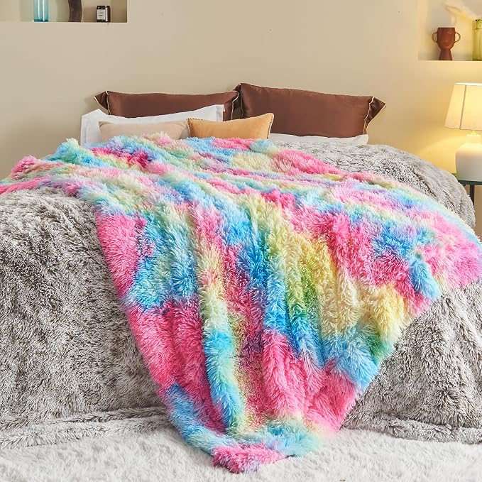 GONAAP Fuzzy Faux Fur Twin Blanket for Couch, Dark Rainbow, 60"x80" | Warm Cozy Plush Shaggy Decorative Reversible Thick Non-Heated Fleece Blanket for Sofa Bed, Gift for Women Men, All Season Use