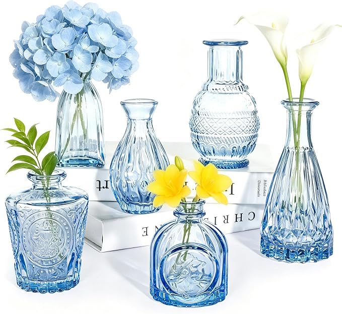 SUPMIND Blue Glass Bud Vases Set of 6, Small Flower Vases for Centerpieces | Mini Vintage Vase in Bulk for Wedding, Baby Shower, Home Decor, Table Decoration