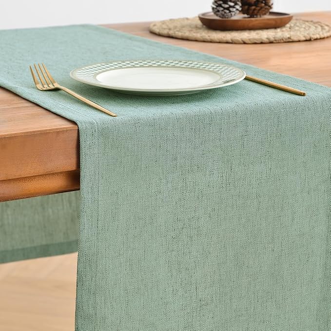 Wracra Linen Table Runner, Light Green Table Runners 48 Inches Long | Rich Woven Linen Blend Fabric, Machine Washable, Rustic Farmhouse Handcrafted Table Runner for Dresser Dining Table Decor