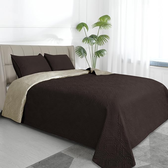 Easy-Going Reversible Quilt Set Twin, Bedspread with 1 Shams | Olive leaf-Chocolate/Beige, Lightweight Bed Comforter, 1 Quilt + 1 Pillow Shams, All-Season Coverlets for Bedroom