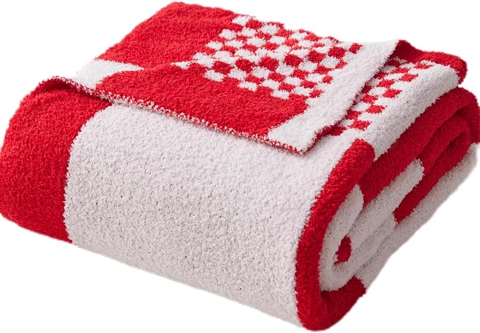 Red Checkered Twin Blanket for Christmas, Buffalo Plaid Throw Blanket Ultra Soft Warm Lux Microfiber Yarn Blanket for Couch, Reversible Cozy Knitted Blanket,Red White,60"x80"