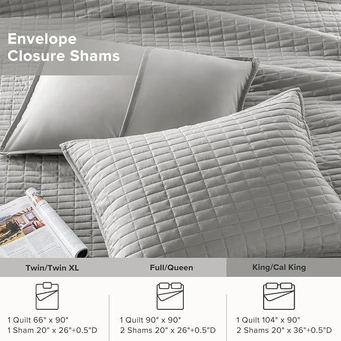 Comfort Spaces - CS14-0060 Kienna Quilt Coverlet Bedspread Ultra Soft Hypoallergenic All Season Lightweight Filling Stitched Bedding Set, King 104"x90", Gray 2 Piece | Soft Cozy Lightweight Summer Coverlet Cal King, Quilted Bedspreads Extra Layer, Mode...