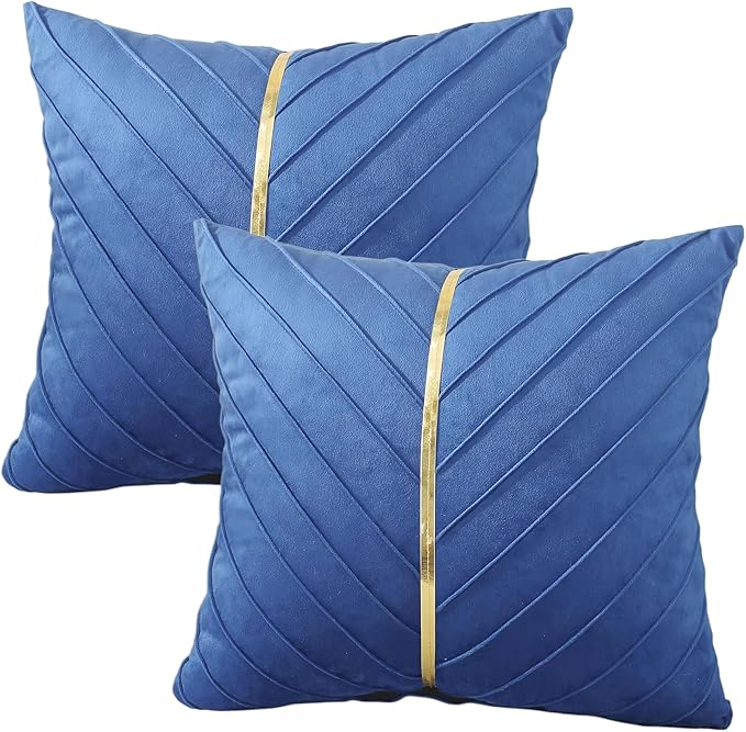 TAOSON Royal Blue Gold Leather Velvet Throw Pillow Covers,18 x 18,Set of 2 | Luxury Gold Leather Accent, Modern Spring & Summer Decor, For Couch, Sofa, Living Room & Bedroom