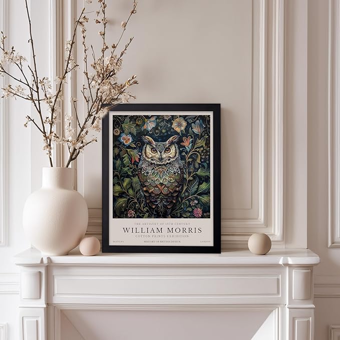 Poster Master Owl Print - William Morris Poster - Flower & Animal Illustration - Botanical Exhibition Wall Design - Floral Bird Artwork - Aesthetic Office or Bedroom Decor - 8x10 Black Framed