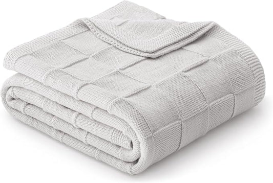 Whale Flotilla Checkered Knit Throw Blanket for Couch, Light Grey | Soft Decorative Knitted Blankets for Couch Sofa Bed, Lightweight Cozy Throws for Spring Summer, 50x60 Inch