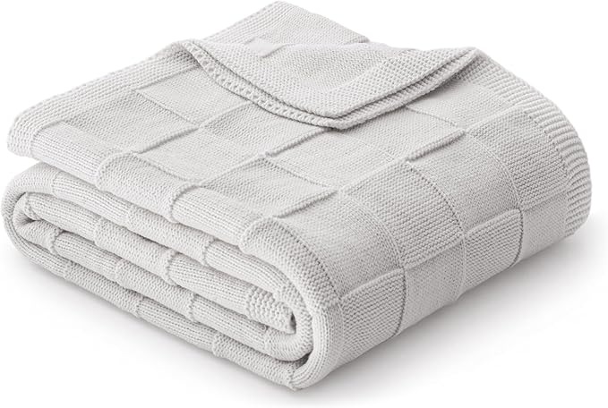 Whale Flotilla Checkered Knit Throw Blanket for Couch, Light Grey | Soft Decorative Knitted Blankets for Couch Sofa Bed, Lightweight Cozy Throws for Spring Summer, 60x80 Inch