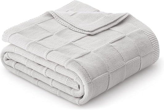 Whale Flotilla Checkered Knit Throw Blanket for Couch, Light Grey | Soft Decorative Knitted Blankets for Couch Sofa Bed, Lightweight Cozy Throws for Spring Summer, 60x80 Inch
