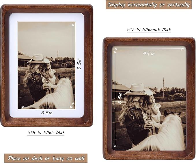 5x7 Picture Frame with Mat for 4x6, USA-Sourced Natural Walnut Wood Handcrafted Rounded Corner with Real Glass, Vertical or Horizontal Display Photo Gallery Wall & Tabletop Frame