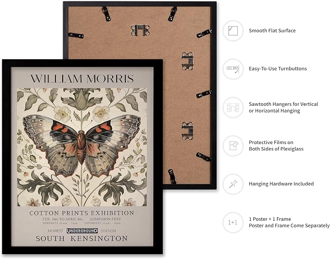 Poster Master William Morris Poster - Butterfly Print - Moth Illustration - Botanical Art - Flower Art - Exhibition Illustration - Animal Illustration - Floral Painting - Aesthetic Office or Bedroom Decor - 16x20 Black Framed