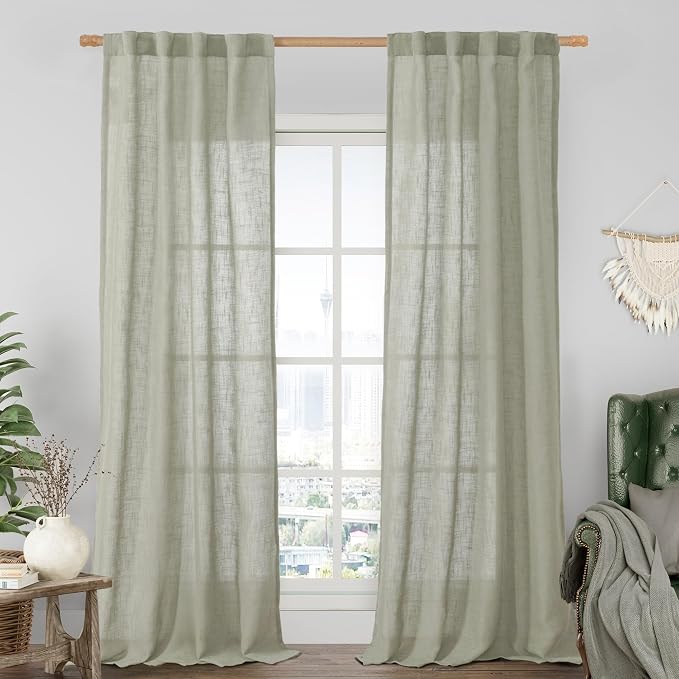 Sage Grey Linen Boho Sheer Curtains 84 inch Length 2 Panels | Light Filtering, Semi Sheer Panels, Neutral Drapes for Bedroom, Living Room, Doorway, Rod Pocket Back Tab, 34 x 84 Inch