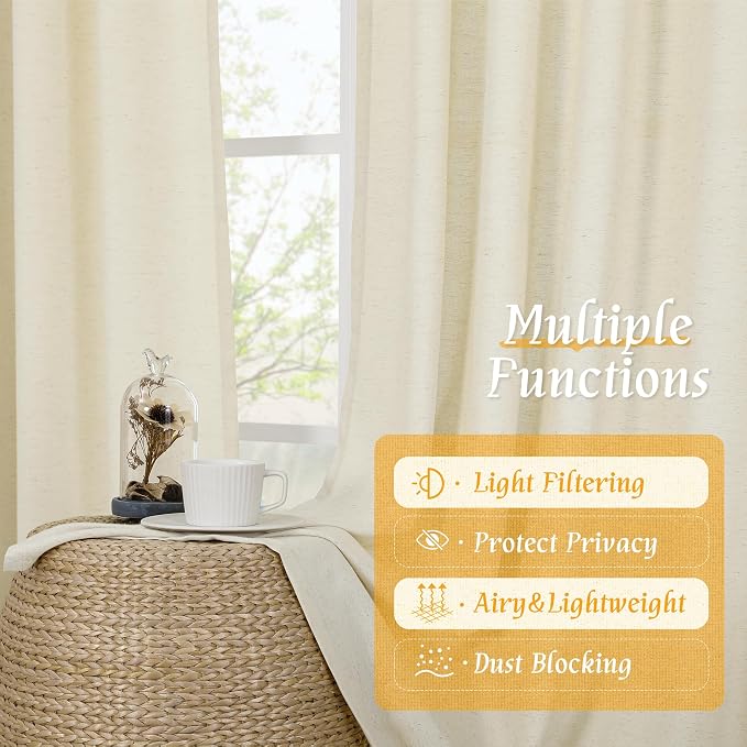 Linen Curtains 72 inches Long for Living Room, Light Beige, 2 Panels | Light Filtering, Semi Sheer, Privacy Protected, Window Treatments, Neutral Drapes for Bedroom, Rod Pocket, 52 x 72 Inch