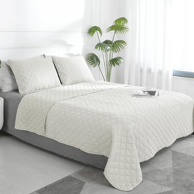 Easy-Going Reversible Quilt Set Twin, Bedspread with 1 Shams, Ivory/Ivory | Machine Washable Lightweight Bed Comforter, 1 Quilt + 1 Pillow Shams, All Season Bed Coverlets for Bedroom