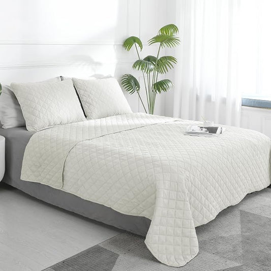Easy-Going Reversible Quilt Set King, Bedspread with 2 Shams, Ivory/Ivory | Machine Washable Lightweight Bed Comforter, 1 Quilt + 2 Pillow Shams, All Season Bed Coverlets for Bedroom
