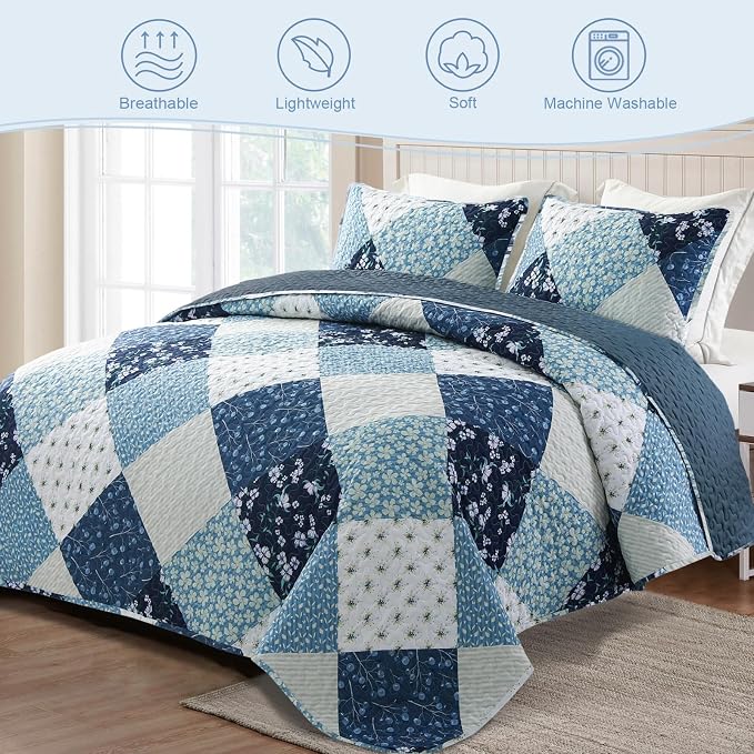 Exclusivo Mezcla Reversible Boho Quilt King Size Blue | Lightweight Soft Bedspreads, All Season Patchwork Coverlet Bedding Set, Printed Floral Pattern, 1 Quilt and 2 Pillow Shams