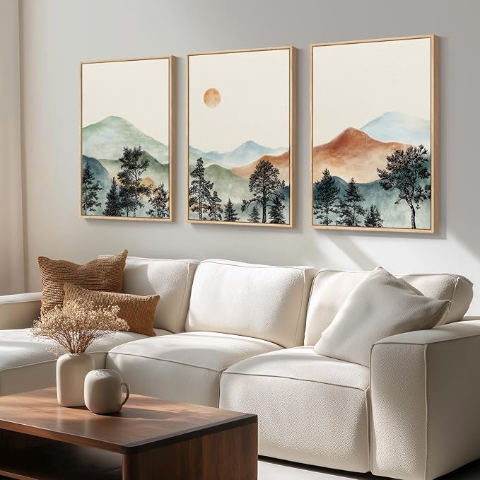 Framed Mountain Wall Art for Living Room, Boho Landscape Print, 24x36 Inch | 3 piece, Modern, Large, Watercolor, Nature picture, Sunset scenery, Mid century, Dining room decor, Ready to hang, Wood frame