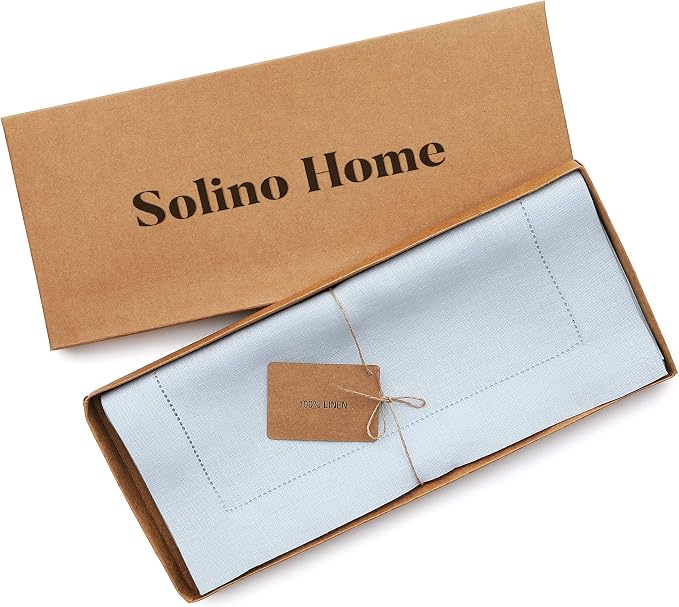 Solino Home 100% Pure Linen Table Runner Light Blue Hemstitch, 14 x 132 in | Classic Hemstitch, a graceful centrepiece for dining and gatherings, hemstitched border, mitered corners, OEKO-TEX Certified