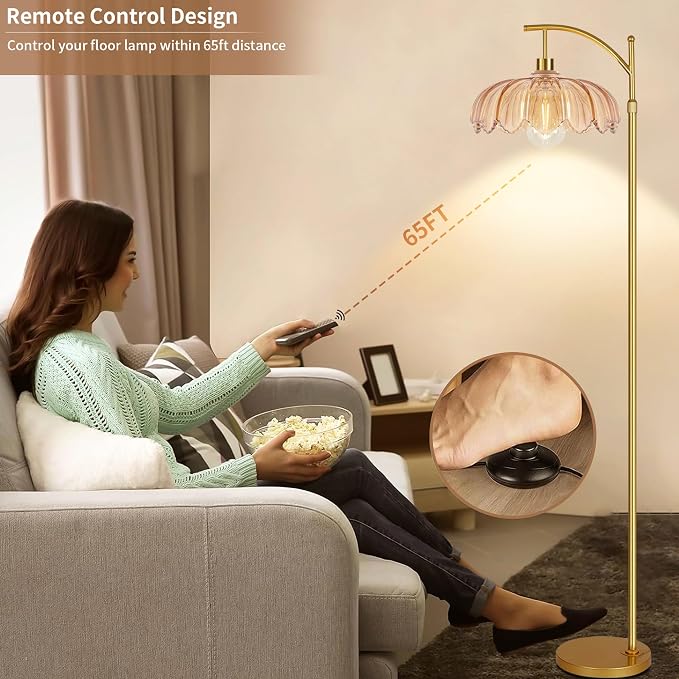 AHDWDW Gold Arc Floor Lamp for Living Room Bedroom,Adjustable Unique Modern Floor Lamps with Remote,Vintage Glass Standing Lamp with Dimmable Bulb,Bright Flower Brass Tall Lamp for Corner Office