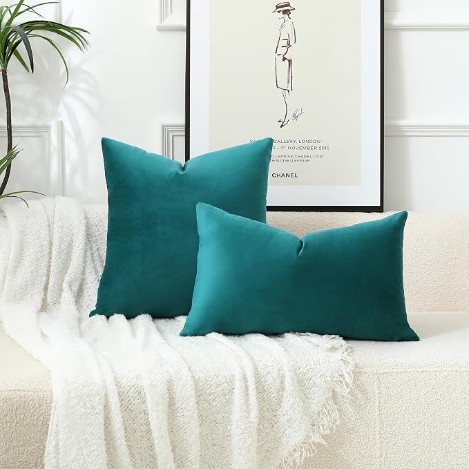 Stellhome Soft Velvet Throw Pillow Covers Square Decorative Cushion Covers for Bed Couch Sofa Bench, 26 x 26 inch (65 x 65 cm), Teal, Pack of 2