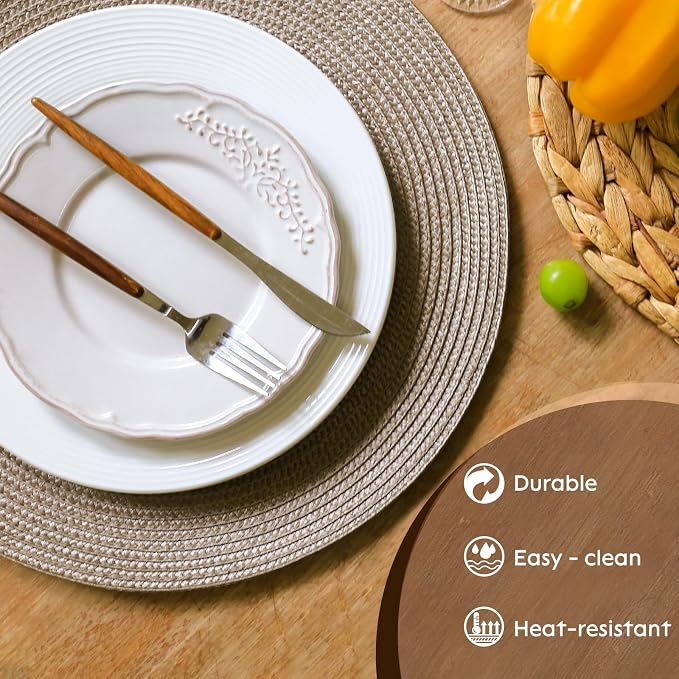 FunWheat Round Braided Placemats Set of 6 Table Mats for Dining Tables Woven Washable Non-Slip Place mats 15 inch(Taupe, 6pcs)
