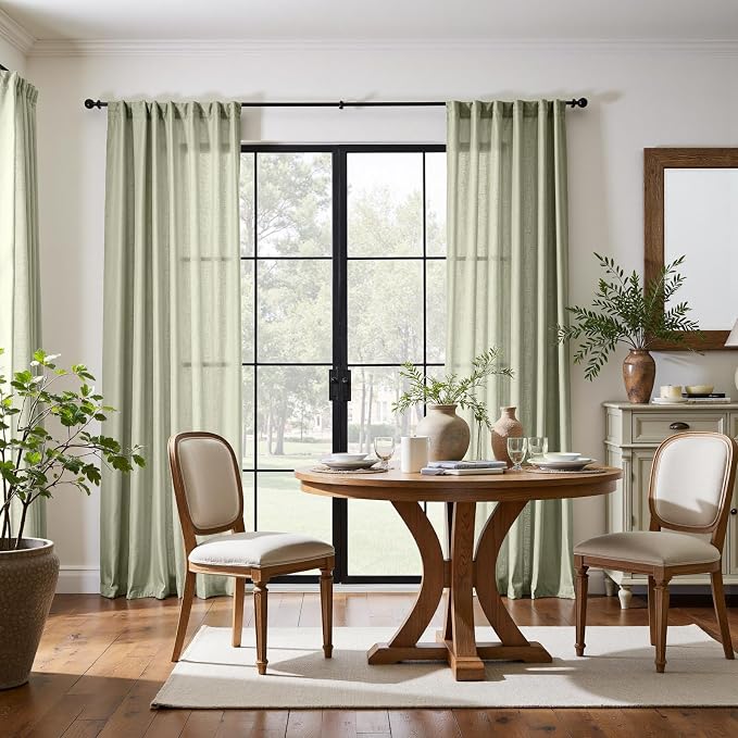 jinchan Linen Curtains Light Filtering Back Tab 50x84 Inch 2 Panels Green | Semi Sheer Curtains 84 inch length for Bedroom Living Room, Modern Farmhouse Drapes with Rod Pocket, Natural Boho Curtains