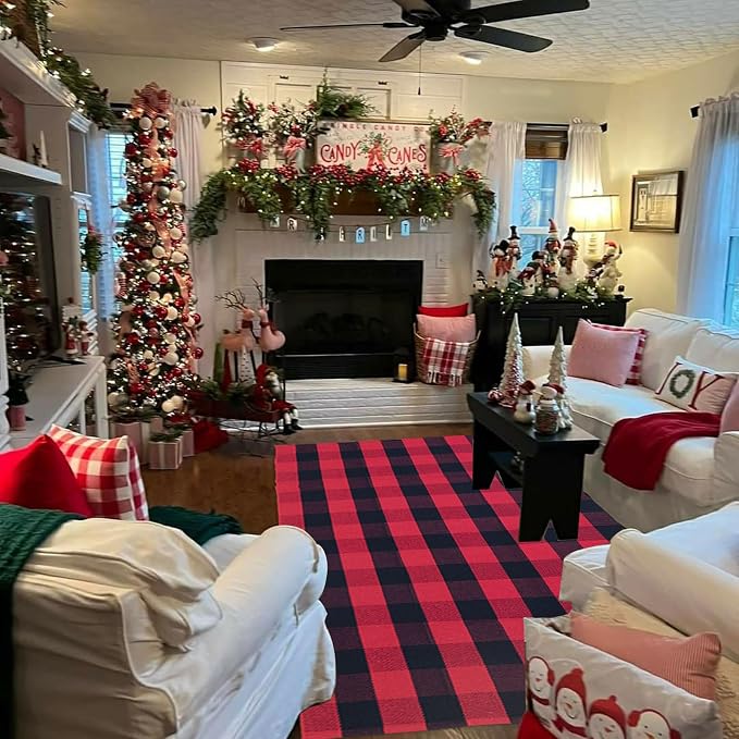 Red and Black Plaid Rug, 4' x 6' Check Outdoor Front Door Decorative Mat, Cotton Woven Rug for Layered Door Mats Washable Carpet for Porch, Entryway, Farmhouse, Christmas, Halloween