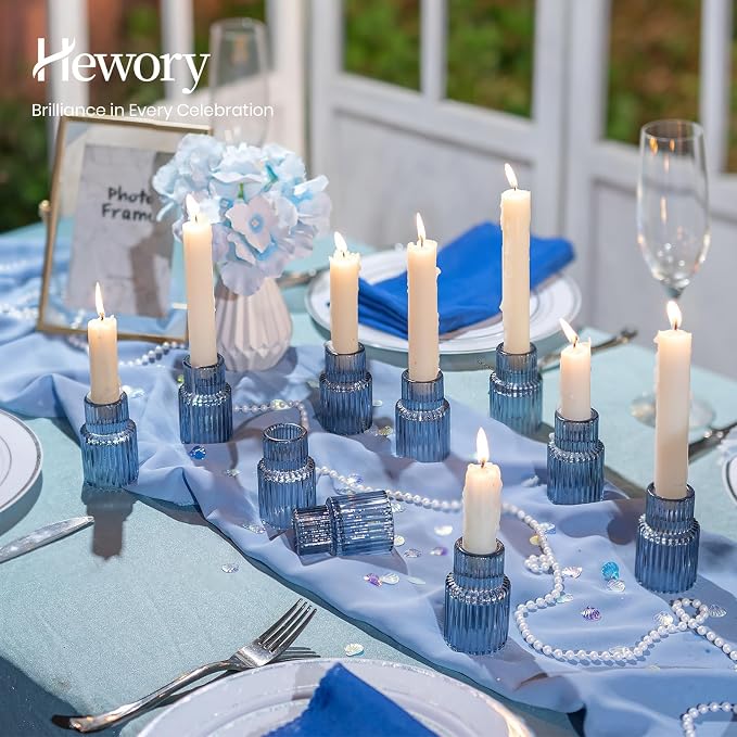 Hewory Glass Candlestick Holders Bulk, 20 PCS Blue Taper Candle Holders | For 0.86" Taper Candles, Ribbed, Vintage Candle Sticks Holder Decor, Wedding Table Centerpiece Baby Bridal Shower Party Gift