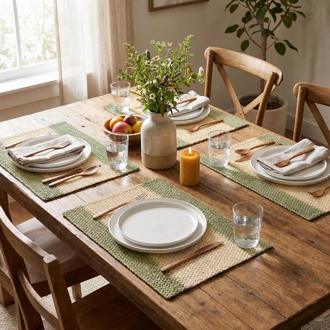 Artoid Mode Light Green Paper Woven Farmhouse Stripe Placemats Set of 4,12x18 Inch Seasonal Holiday Table Mats Party Kitchen Dining Decoration