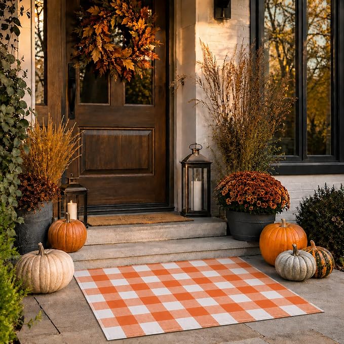 Buffalo Plaid Area Rug, Checkered Rug 3x5 Ft, Orange and White Rug, Washable Cotton Mat for Front Porch, Entryway, Kitchen, Living Room, Fall Decor
