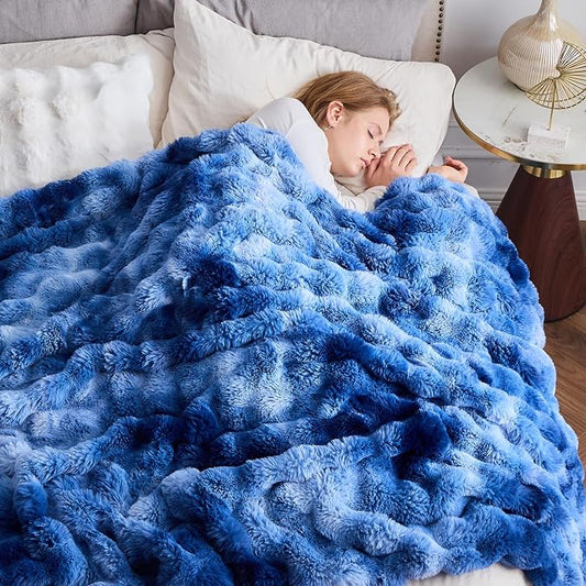 NEWCOSPLAY Faux Fur Bubble Twin Blanket for Couch, Tie-Dye Indigo, 60"x80" | Fluffy Soft Thick Warm Bubble Blanket for Couch Sofa Bed 700GSM, Plush Cozy Luxury Decorative Throw, Gift for Women Men