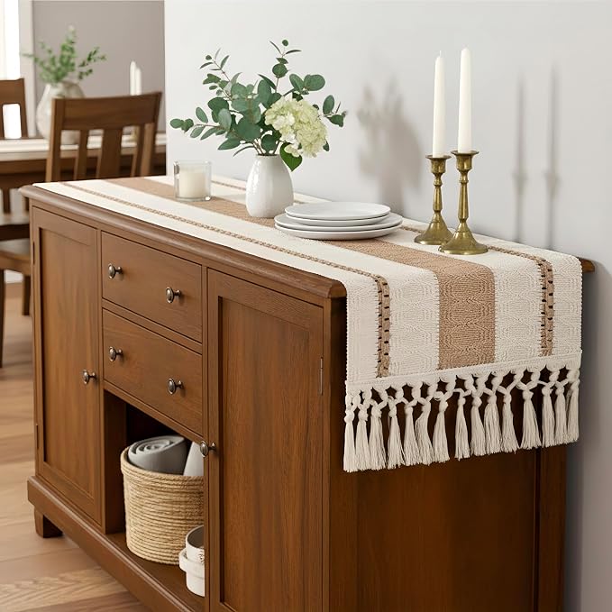 FEXIA Boho Table Runner with Tassels 12x72 Inch for Fall Home Decor | 72 Inches Long Pottery Barn Furniture Farmhouse Rustic Macrame Burlap Table Decoration for Living Room Kitchen Baby Shower
