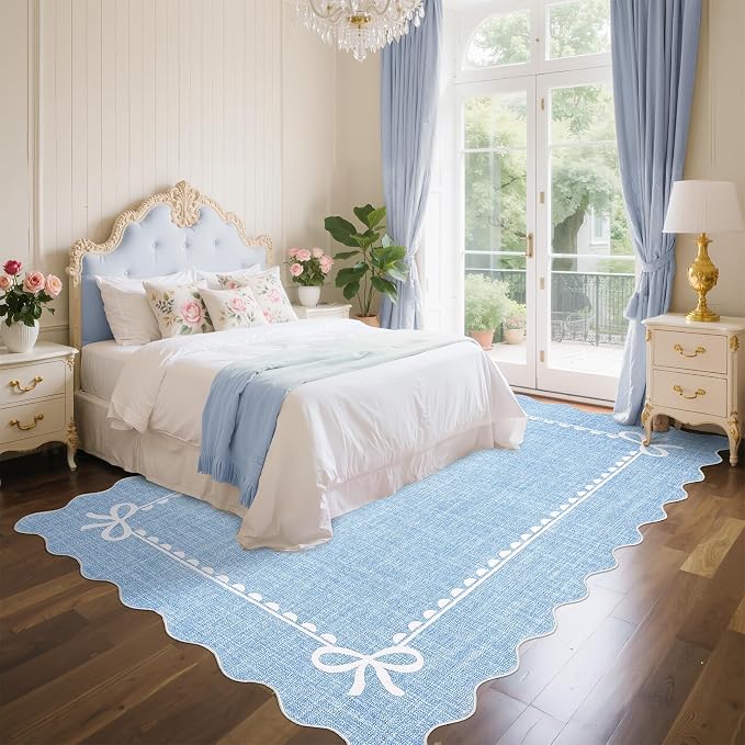 COZYLOOM Large Area Rug 9x12 Nursery Rugs Machine Washable Area Rugs for Living Room, Non Slip Stain Resistant Scalloped Bow Carpet, Non Shedding Low Pile Solid Mats for Bedroom, Dining Room, Blue