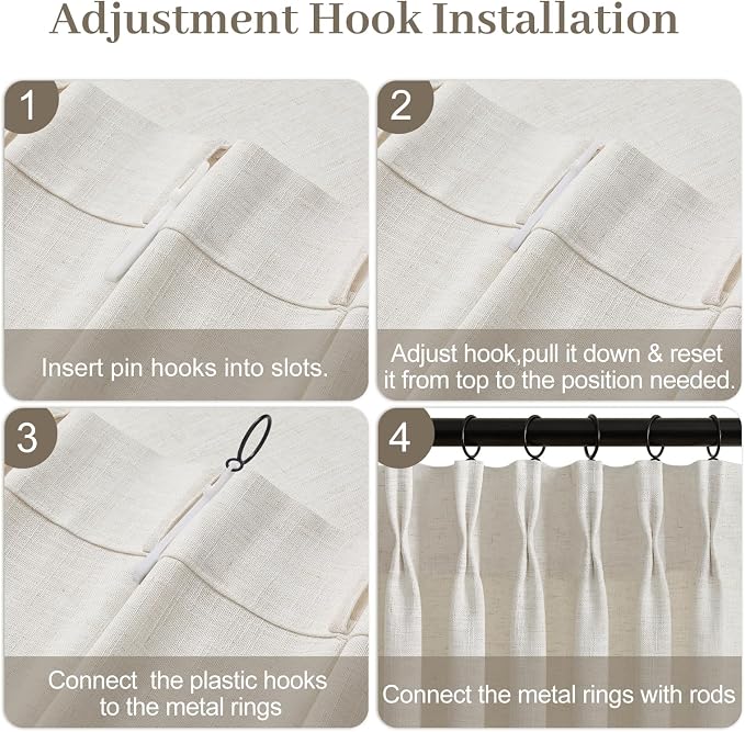 Pinch Pleated Linen Curtains 90 Inch Semi Sheer Drapes Light Filtering | Pleat Curtain for Living Room, Memory Trained Textured Linen Blend Curtains, with Hooks Rings, Beige Natural, W40, 2 Panels