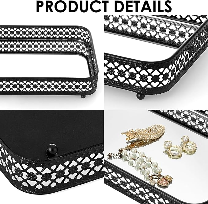 ELLDOO Black Mirror Glass Perfume & Makeup Vanity Tray, Medium Size