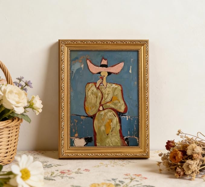 Vintage Gold Framed Bar Wall Art, Modern Western Cowgirl With Martini Canvas Print, Red and Pink Abstract Woman Painting Picture, Cocktail Poster Print Artwork for Kitchen Dining Room Home Bar