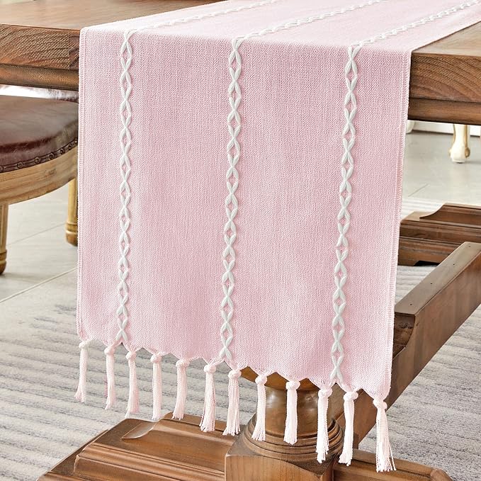 Wracra Rustic Linen Table Runner, Pink Table Runners 36 inches Long | Raised Embroidered Design and Hand-Tassels;Cotton Linen Woven Fabric; Farmhouse Table Runner;Home Kitchen Dining Decor