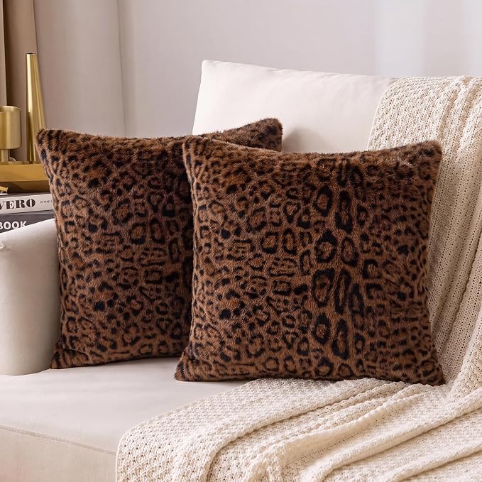 cygnus Dark Brown Leopard Pillow Covers | Soft Faux Fur Cheetah Print Pillowcase 18x18 inch, Animal Decorative Throw Pillow Covers for Couch Sofa Bedroom