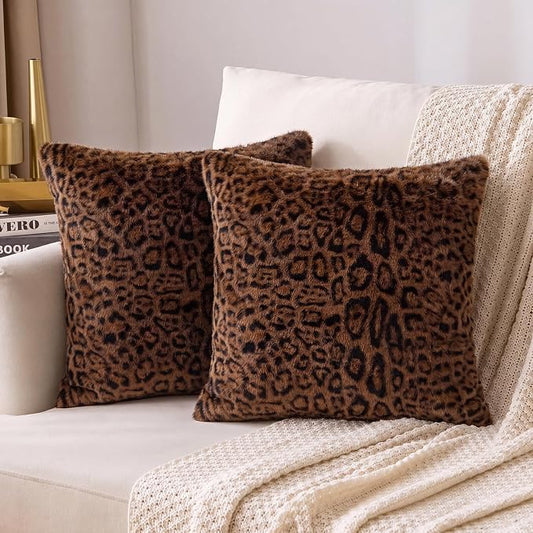 cygnus Dark Brown Leopard Pillow Covers | Soft Faux Fur Cheetah Print Pillowcase 18x18 inch, Animal Decorative Throw Pillow Covers for Couch Sofa Bedroom