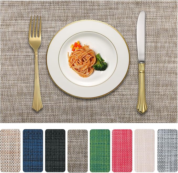 Vinyl Placemats Set of 8, PVC Woven Washable Non-Slip Table Mats, Heat Resistant Wrinkle Free Place Mats for Dining Table, Easy to Clean (8, Cappuccino)