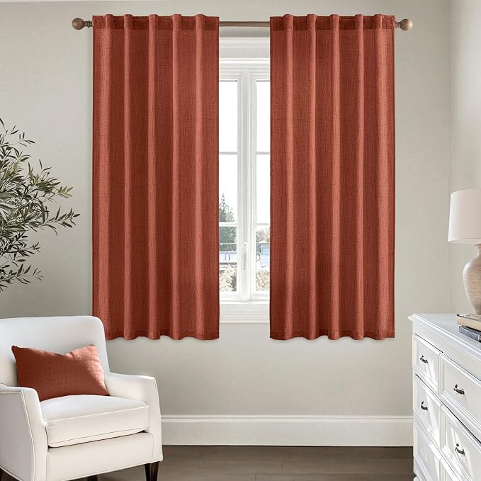 MIULEE Faux Linen Curtains 63 Inch Length 2 Panels Natural Burnt Orange Semi Sheer Curtain with Back Tab Rod Pocket, Light Filtering Window Privacy Burlap Drapes for Living Room Bedroom 42W x 63L