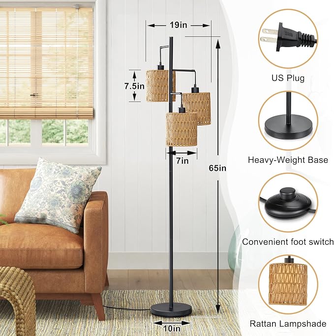 Maxax 65" Boho Rattan Floor Lamp for Living Room, 3 Lights Farmhouse Tree Standing Lamp with Rattan Shades, Multi Head Vintage Tall Floor Lights for Bedroom, Living Room, Office