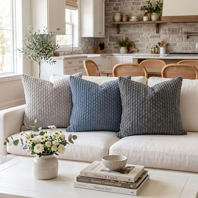 Fancy Homi 2 Packs Dark Gray Euro Decorative Throw Pillow Covers 26x26 Inch for Living Room Couch Bed Sofa, Rustic Farmhouse Boho Home Decor, Soft Striped Corduroy Grey Square Cushion Case 66x66 cm