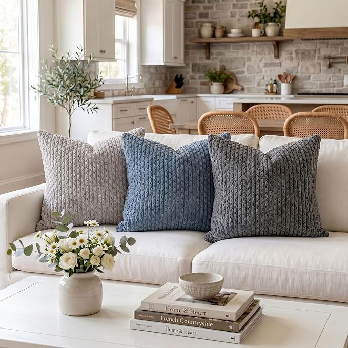 Fancy Homi 2 Packs Dark Gray Decorative Throw Pillow Covers 18x18 Inch for Couch Bed Sofa, Modern Farmhouse Boho Home Decor, Soft Cute Plush Grey Corduroy Striped Cushion Case 45x45 CM